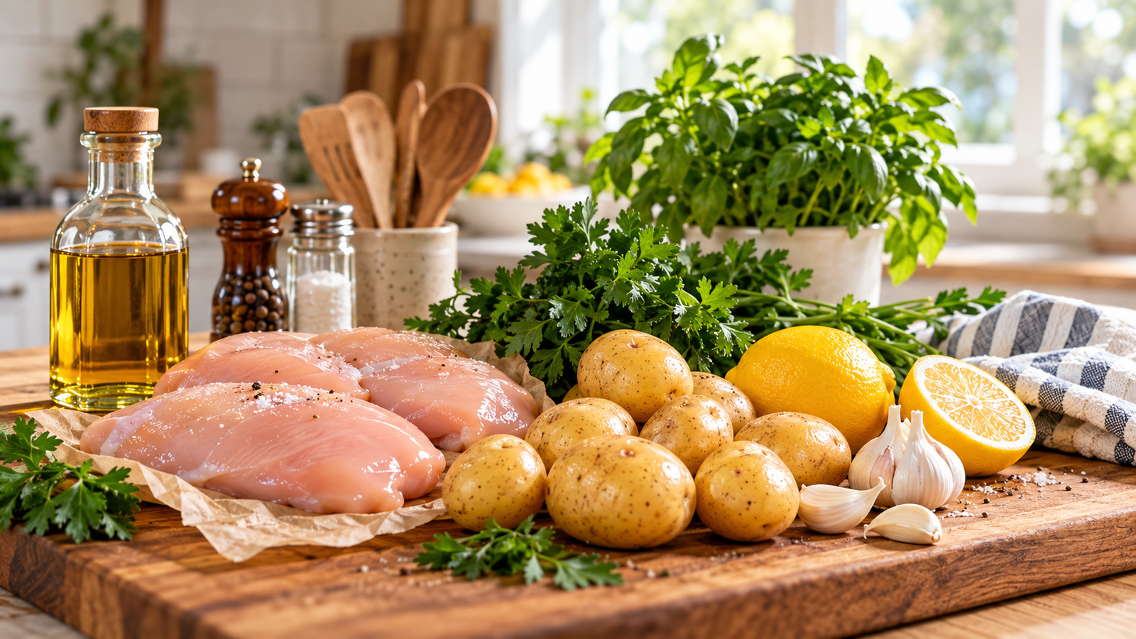 Chicken, potatoes, lemon and fresh ingredients