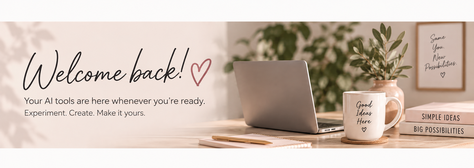 Welcome back! Your AI tools are here whenever you’re ready. Experiment. Create. Make it yours.